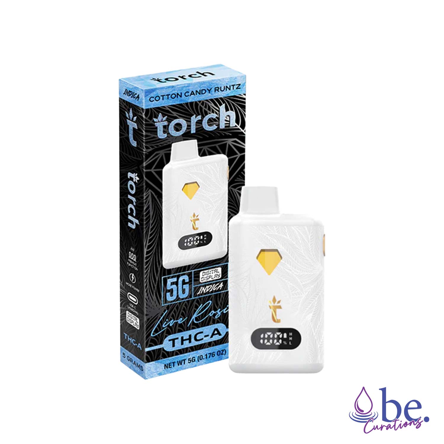 Torch Delta THC-A + Live Rosin Disposable Vape Device 5G - Cotton Candy Rutz (Indica) | Sweet flavor reminiscent of cotton candy, complemented by fruity notes. | be.Curations