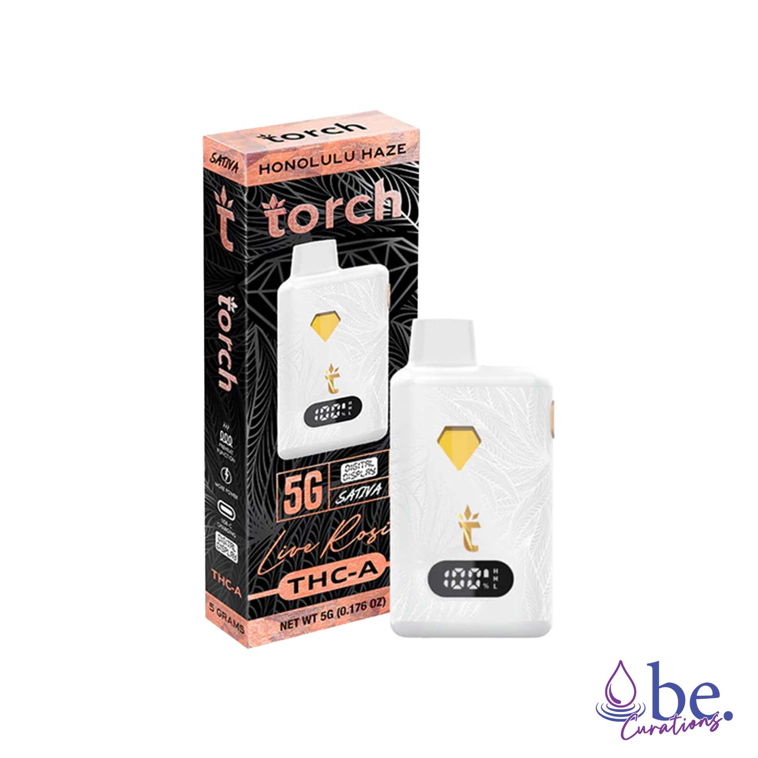 Torch Delta THC-A + Live Rosin Disposable Vape Device 5G - Honululu Haze (Sativa) | Pineapple and mango with earthy undertones, giving off a floral and tropical aroma. | be.Curations